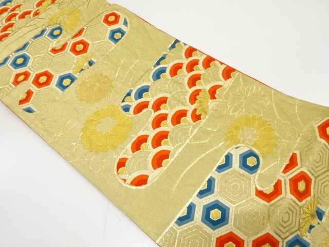 アンティーク　ヱ霞に菊・古典柄織り出し袋帯（着用可）